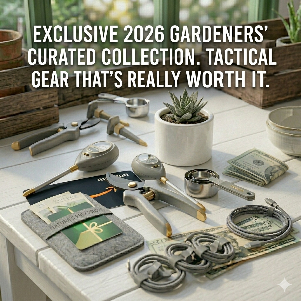 Overhead flat lay photo on a clean white potting bench. Features gray and gold dynamic garden tools, a soil moisture meter, dynamic watering spikes, scoops, an Amazon gift card, and $25 cash on a slate mat with succulents under bright natural daylight.