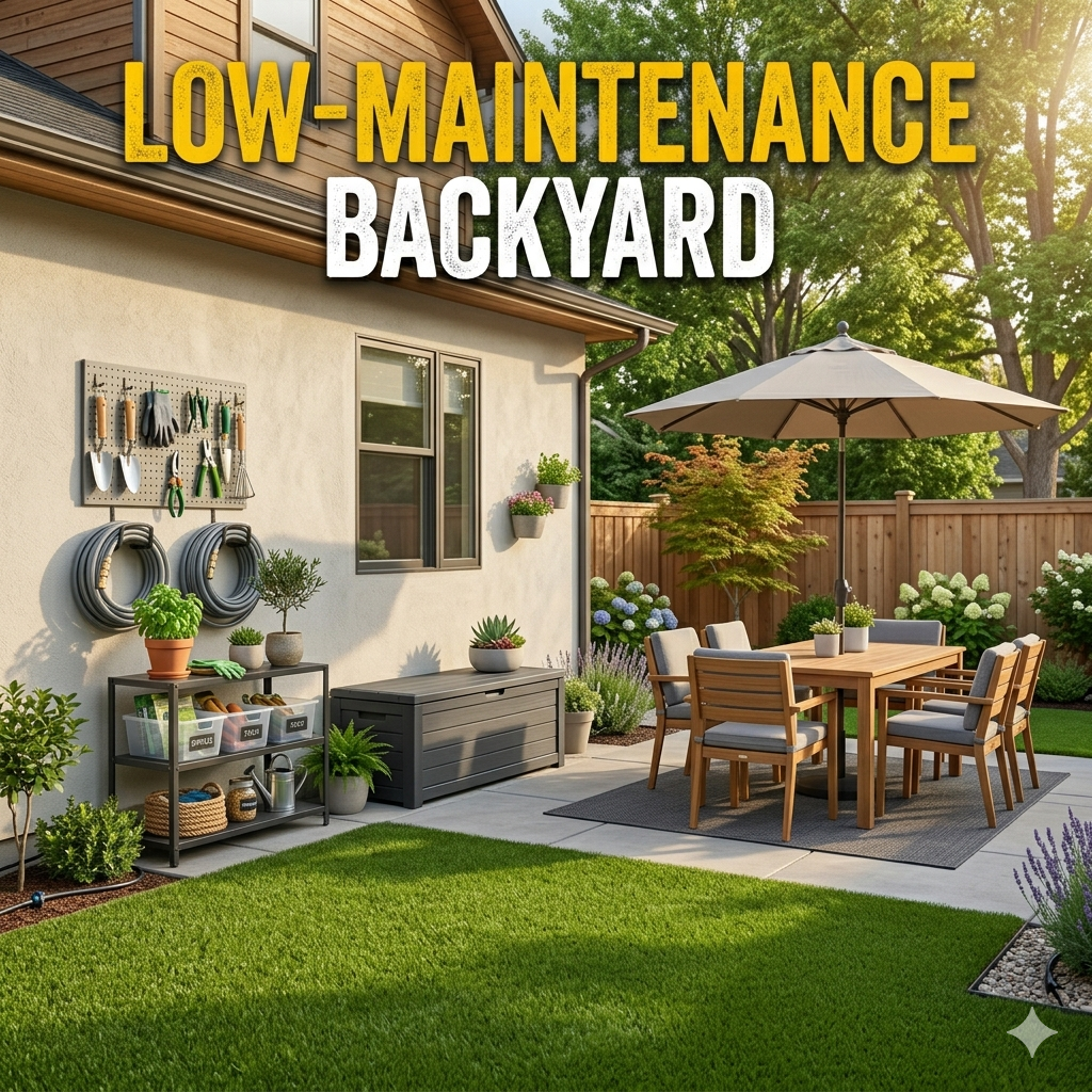 low maintenance backyard setup with organized patio furniture automatic watering system and outdoor storage solutions