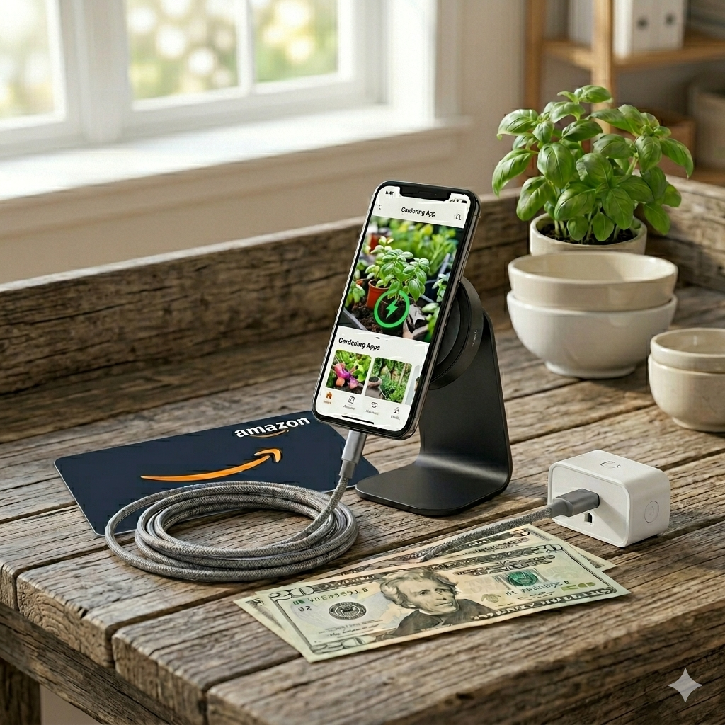 Digital soil moisture meter and ergonomic garden shears on a rustic wooden potting bench.