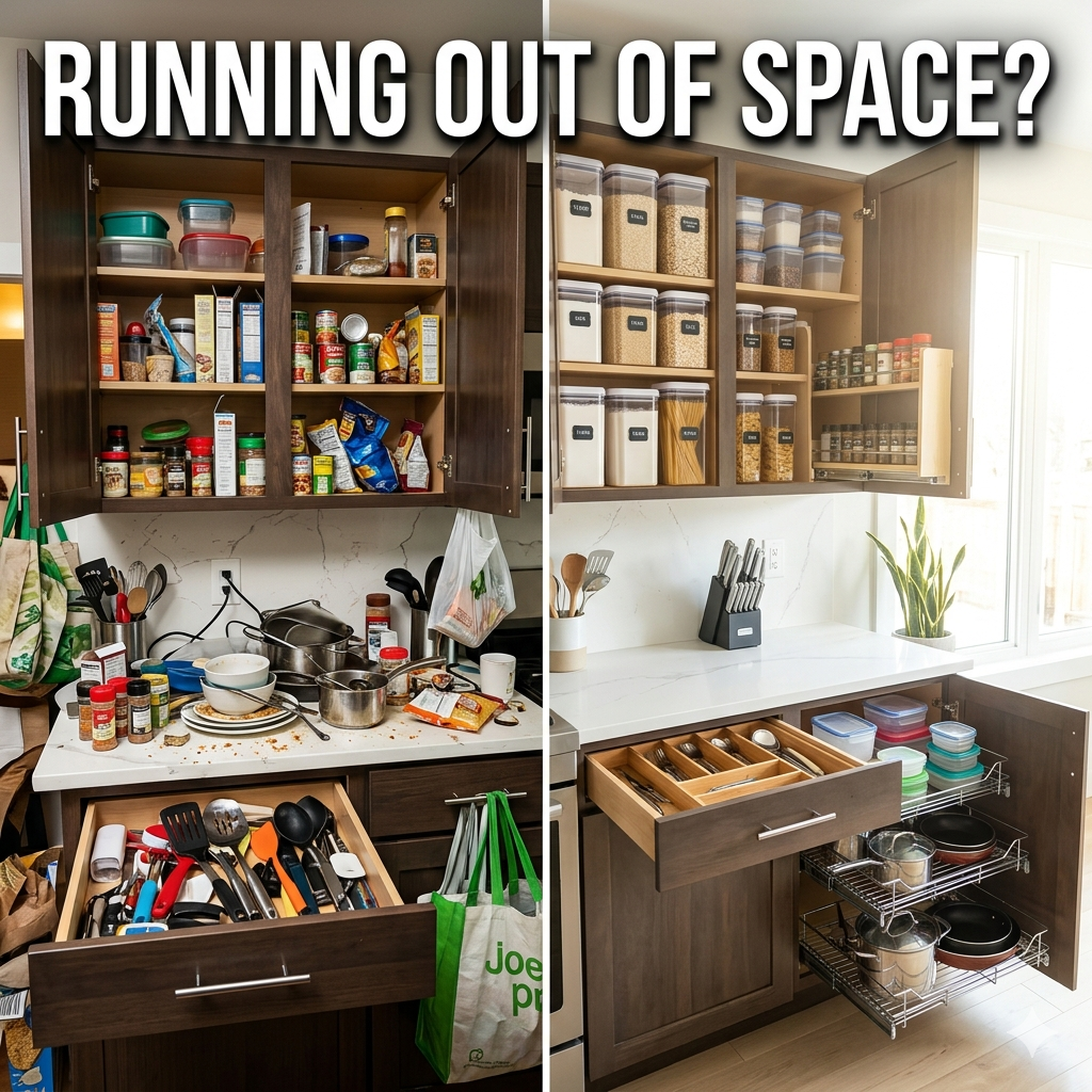Before and after kitchen storage transformation showing cluttered cabinets and countertops turned into an organized, space-saving kitchen using smart storage tools and organizers in a modern home