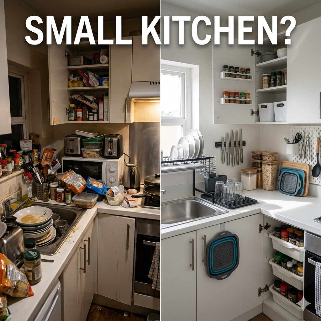 Before and after small kitchen transformation showing a cluttered and cramped kitchen space turned into a clean, organized, and efficient layout using space-saving kitchen tools and smart storage solutions