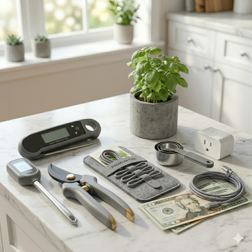 A $10 bill on a wooden table next to a DIY self-watering system using a glass jar and cotton wick for a potted plant.