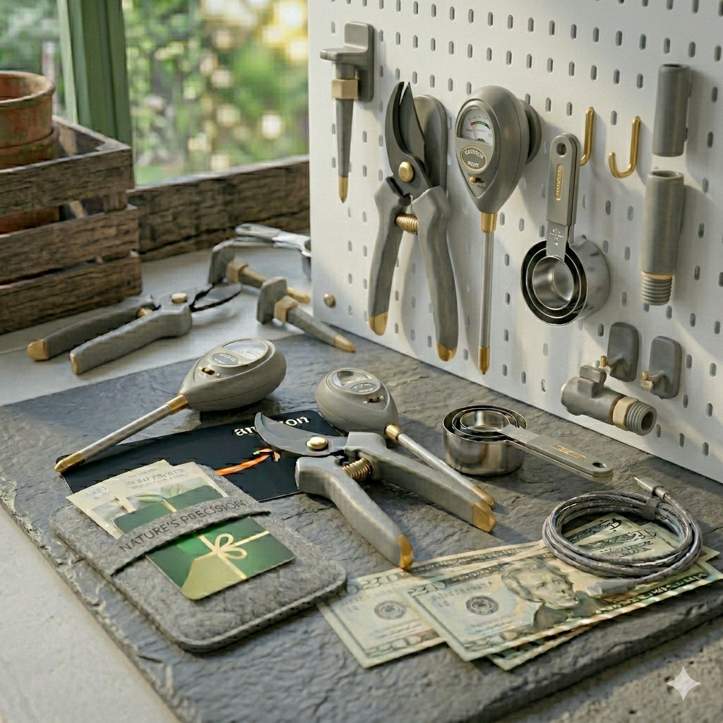 Overhead photo of gray and gold garden tools organized on a modern white pegboard with magnets and hooks under bright daylight. Includes pruners, soil moisture meter, dynamic watering spikes, scoops, an Amazon gift card