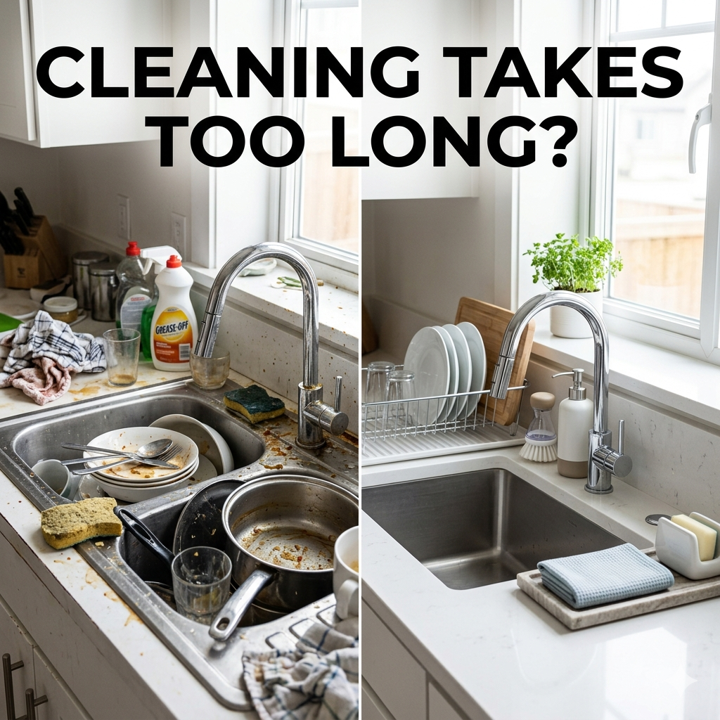 Before and after kitchen cleaning comparison showing messy sink and countertop transformed into a spotless organized space using time-saving kitchen cleaning tools in a modern home