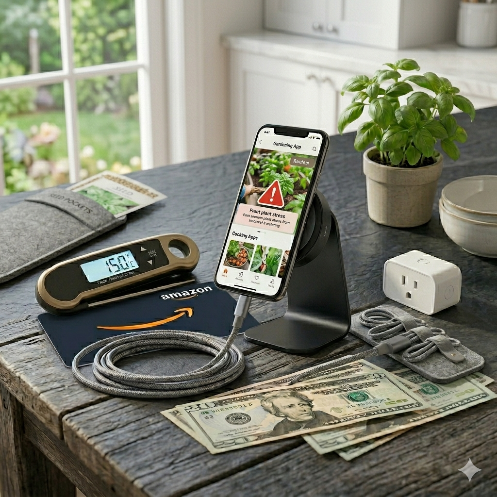Overhead photo of an Amazon gift card, $25 cash, magnetic phone stand, and braided cable on a rustic wood potting bench. The phone shows a visual watering warning icon.