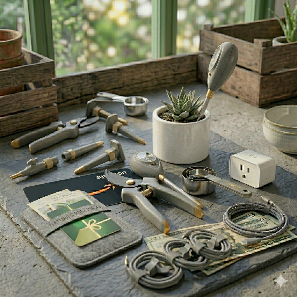 Overhead flat lay conceptual photo of an Amazon gift card, $25 cash, soil moisture meter, dynamic watering spike, and scoops on a grey slate mat and concrete. Succulent in background. Natural window daylight. No phone accessories.