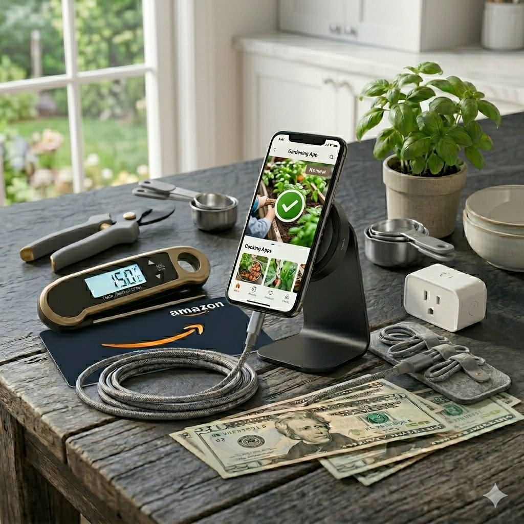 Overhead photo of an Amazon gift card, $25 cash, magnetic phone stand, braided cable, soil moisture meter, and pruners on a rustic wood potting bench. The phone shows a professional gardening app with a success icon.