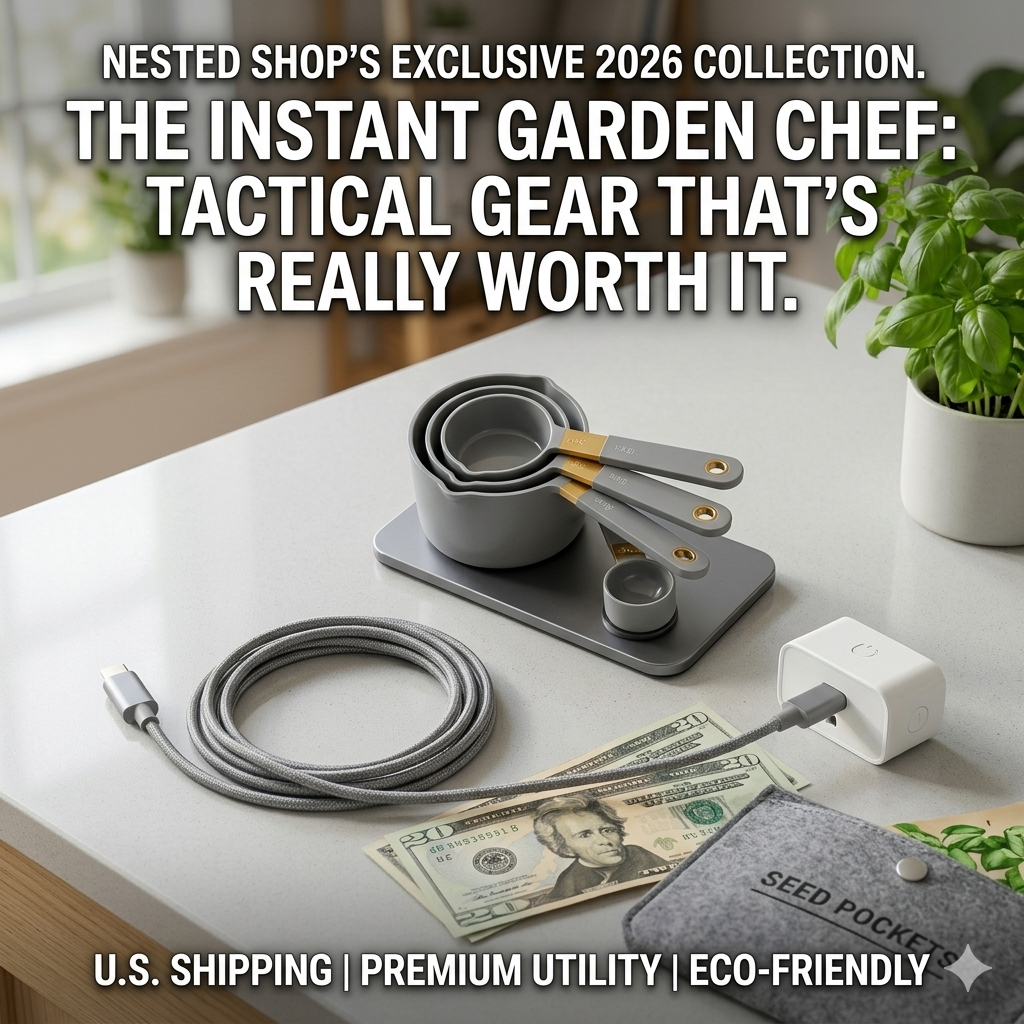Overhead flat lay photo of a grey and gold digital soil monitor, ergonomic shears, and a succulent on a rustic wooden bench, next to a coiled braided cable, a smart plug, and $25 cash. The image has a text overlay.