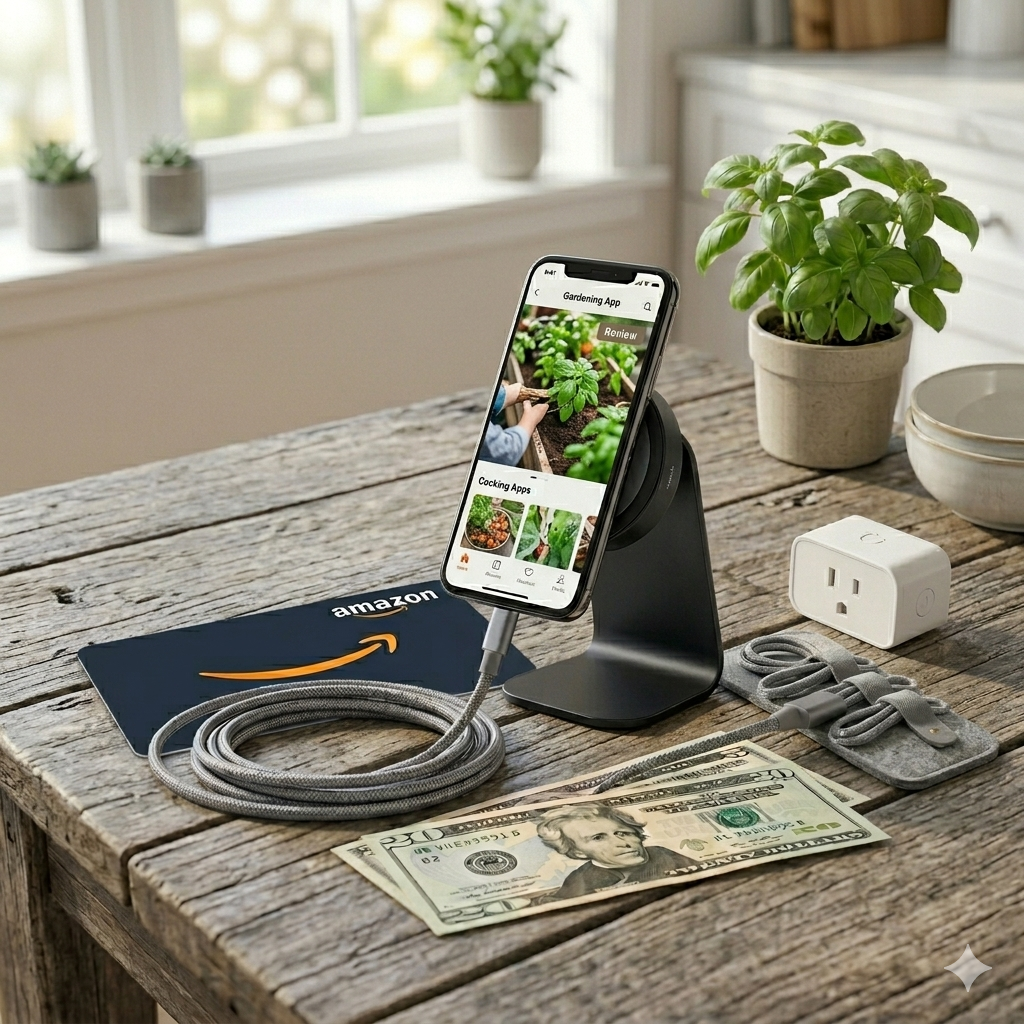Overhead flat lay photo of an Amazon gift card, $25 cash, magnetic phone stand, and braided cable on a rustic wood potting bench. Natural daylight.