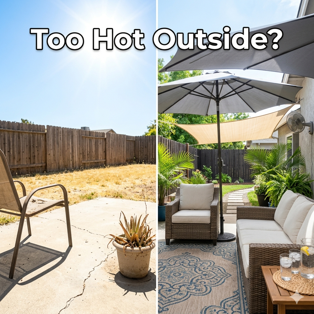 Before and after backyard transformation showing a hot, sunny outdoor space with no shade turned into a cool and comfortable patio with umbrella, shade sail, and relaxing seating area