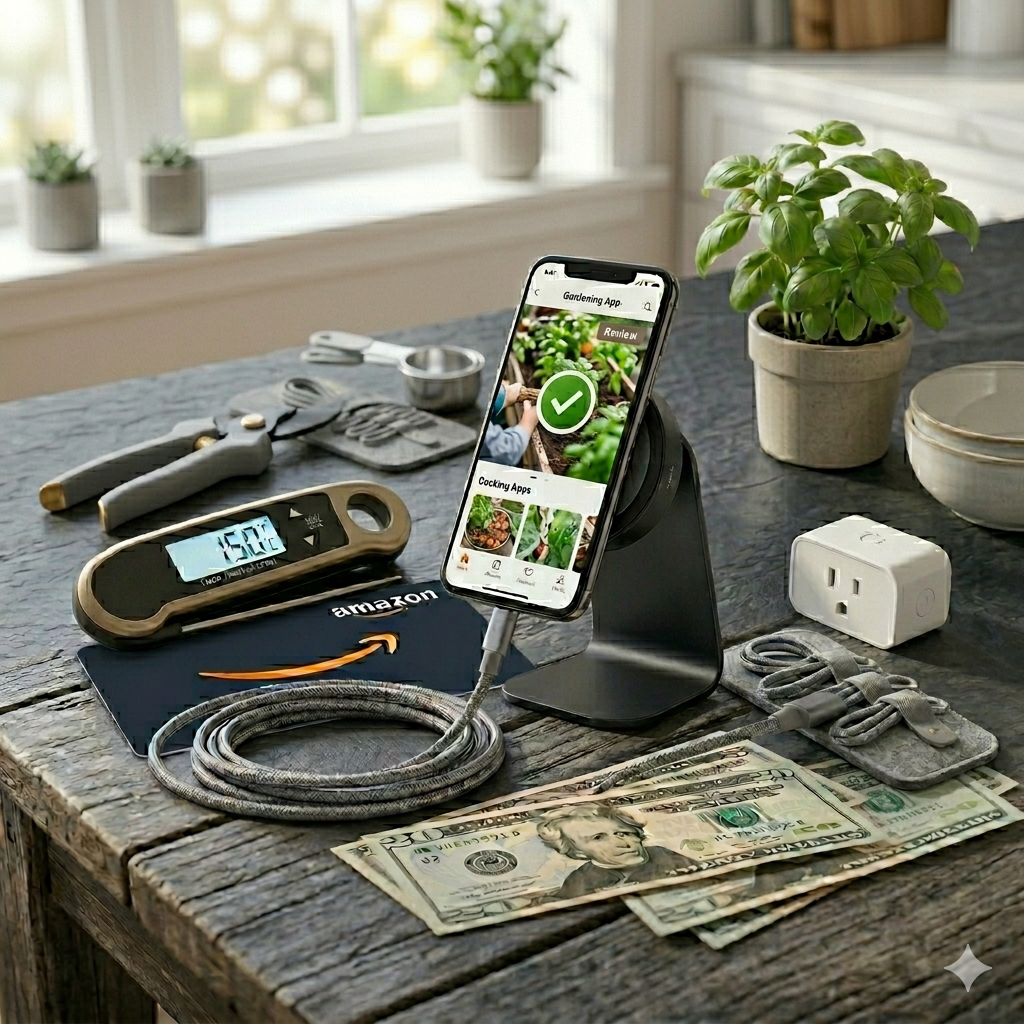 Overhead photo of an Amazon gift card, $25 cash, magnetic phone stand, braided cable, soil moisture meter, and pruners on a rustic wood potting bench. The phone shows a professional gardening app with a success icon.