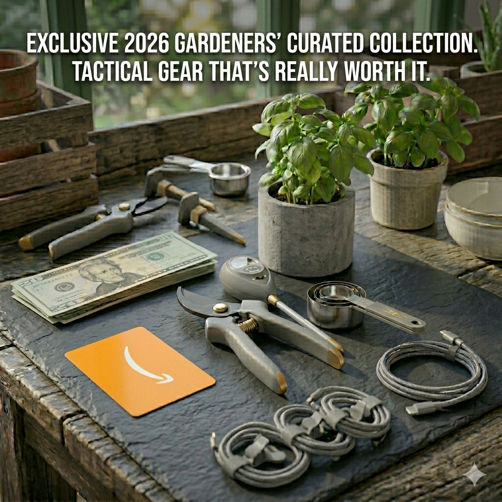 Overhead flat lay photo of an Amazon gift card, $25 cash, a gray and gold digital soil moisture meter, dynamic bypass pruners, and modular gray silicone plant ties on a dark gray slate surface. Natural daylight. No phone accessories.