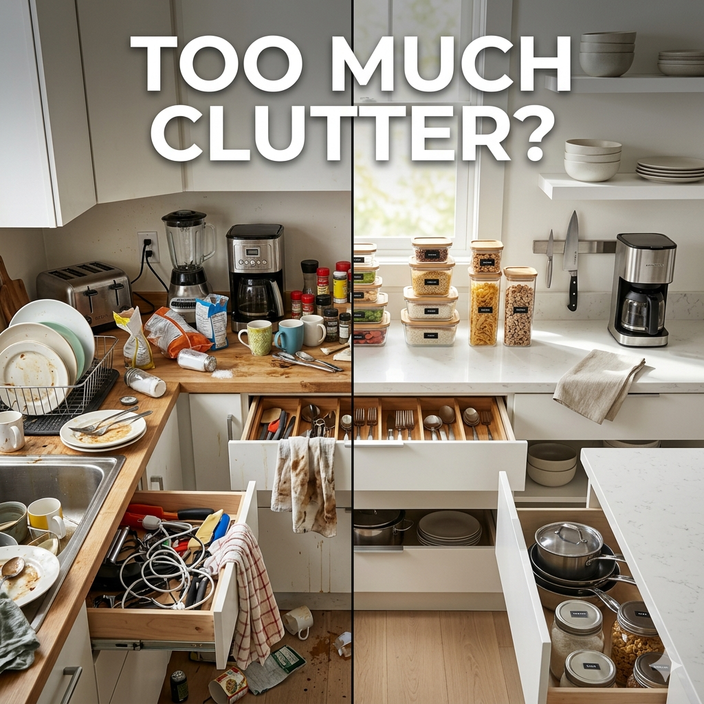 Before and after kitchen declutter transformation showing messy countertops and disorganized kitchen items turned into a clean, minimalist, and organized kitchen using smart storage and organization tools