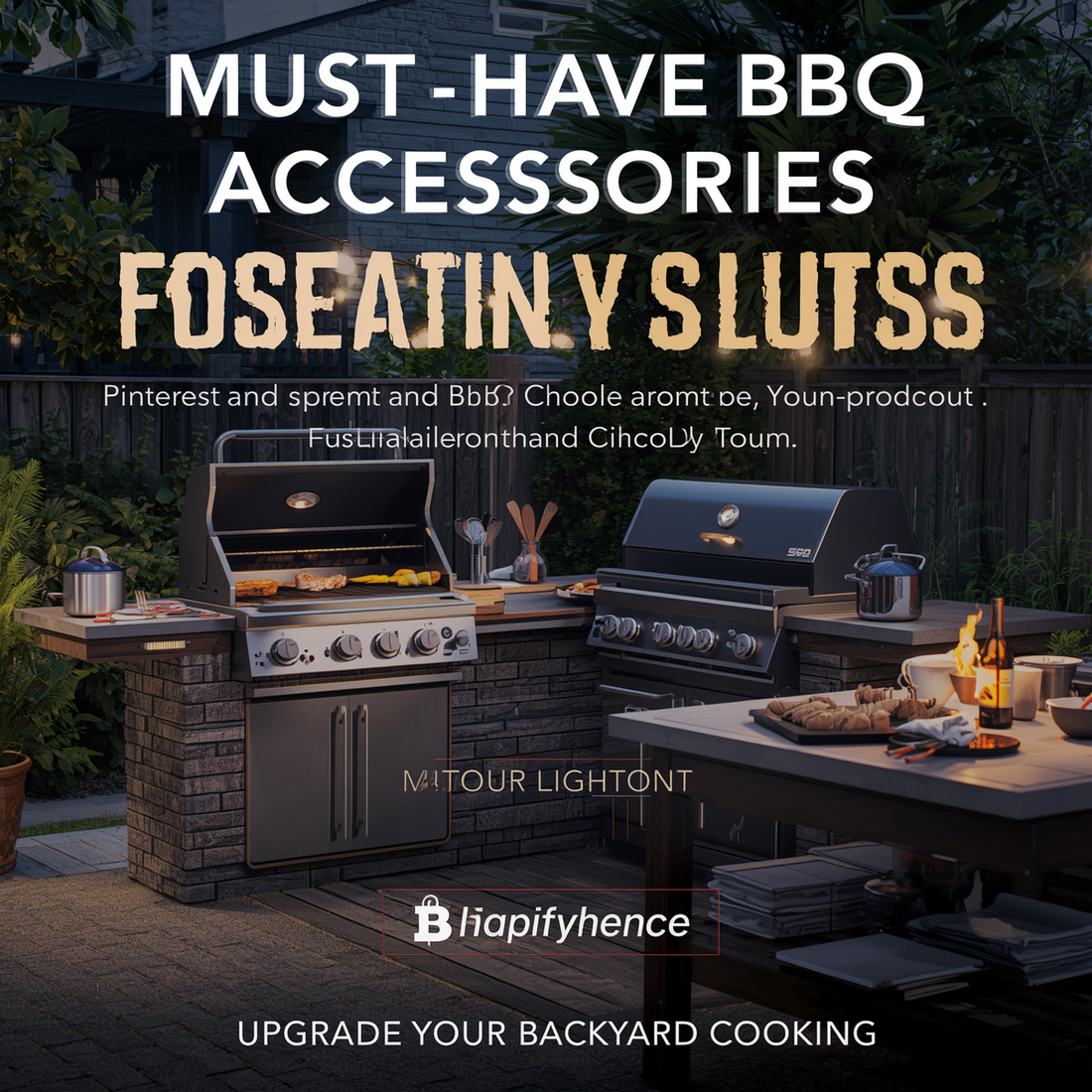 Modern backyard BBQ setup with grilling accessories outdoor prep station and warm evening lighting.
