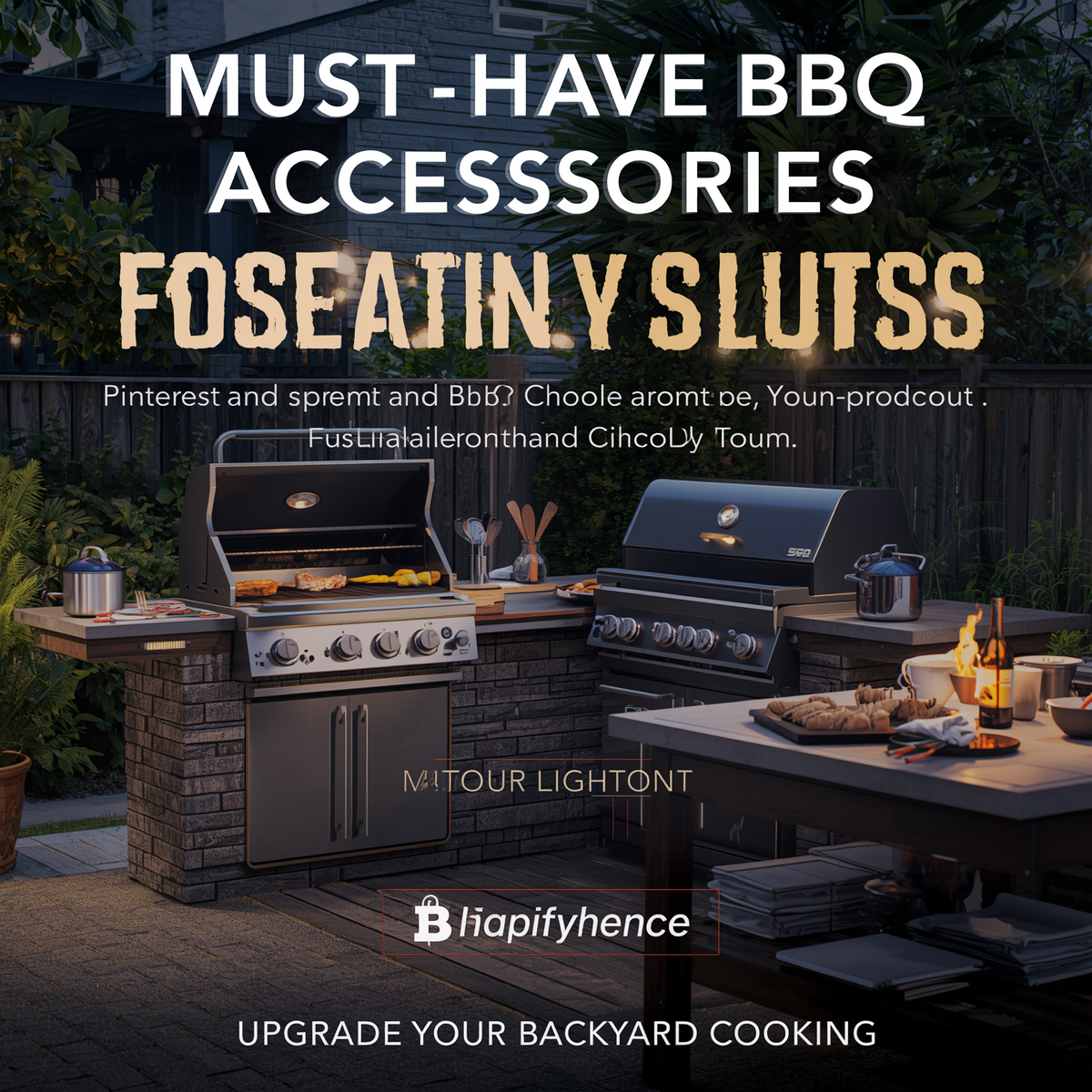 Modern backyard BBQ setup with grilling accessories outdoor prep station and warm evening lighting.