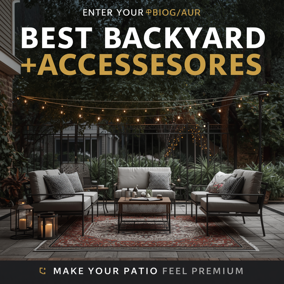 Modern backyard patio with warm outdoor lighting cozy furniture and decorative garden accessories.
