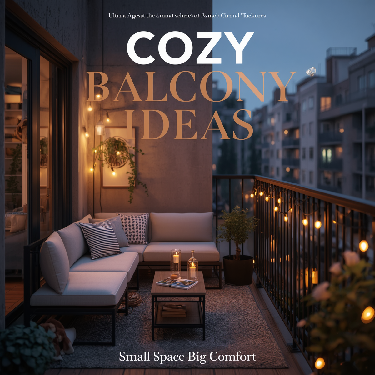 Cozy apartment balcony with compact furniture warm lighting and relaxing outdoor decor.