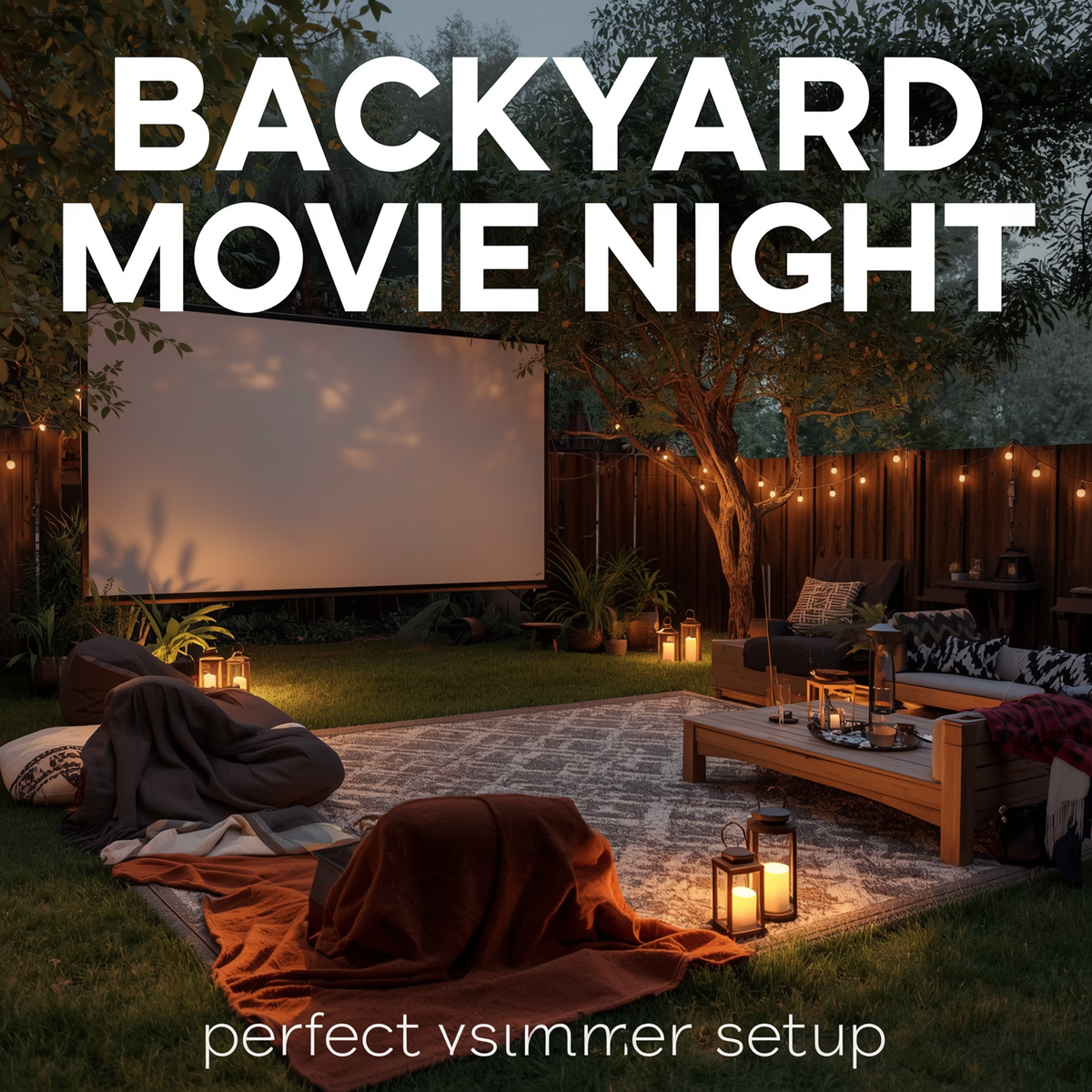 Cozy backyard movie night setup with projector screen warm lighting and outdoor seating.