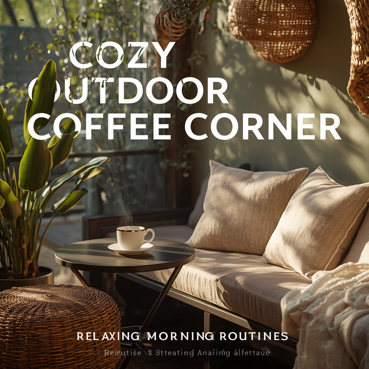 Cozy outdoor coffee corner with small patio seating warm lighting and relaxing decor.