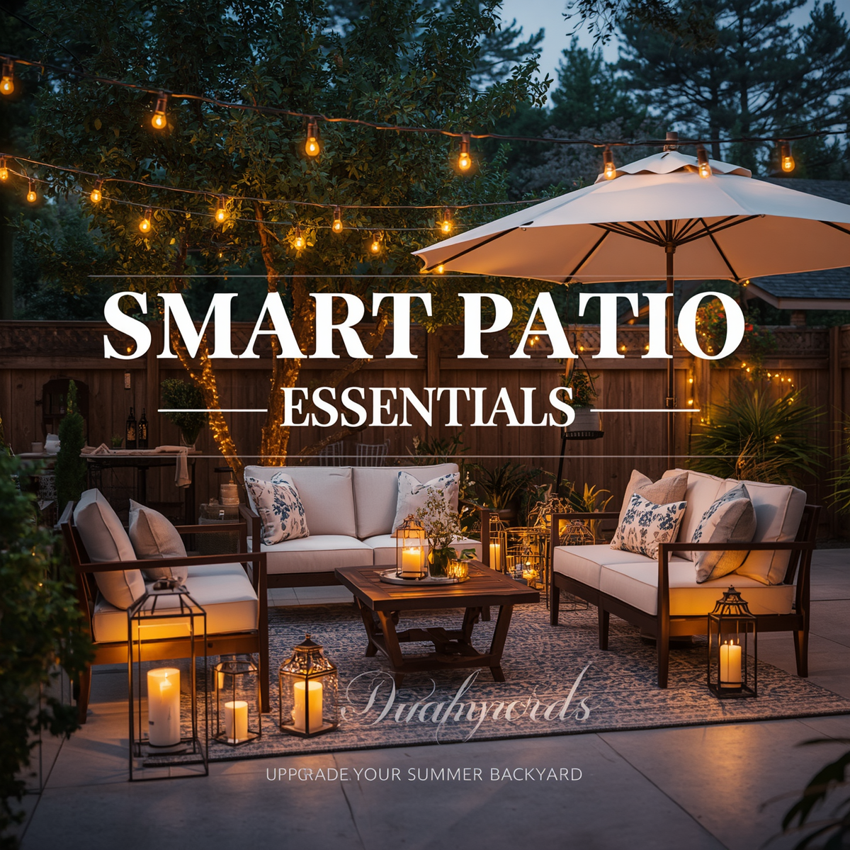 Cozy summer patio setup with outdoor seating warm lighting and decorative backyard accessories.