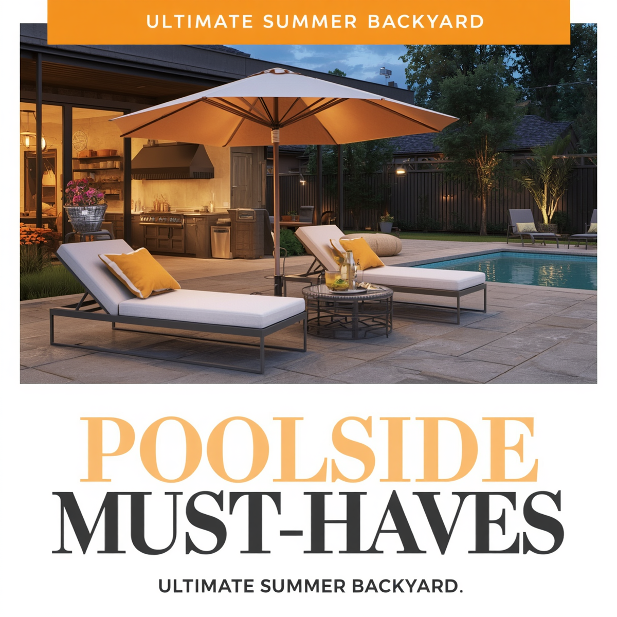 Luxury poolside setup with lounge chairs patio umbrella and warm summer backyard atmosphere.