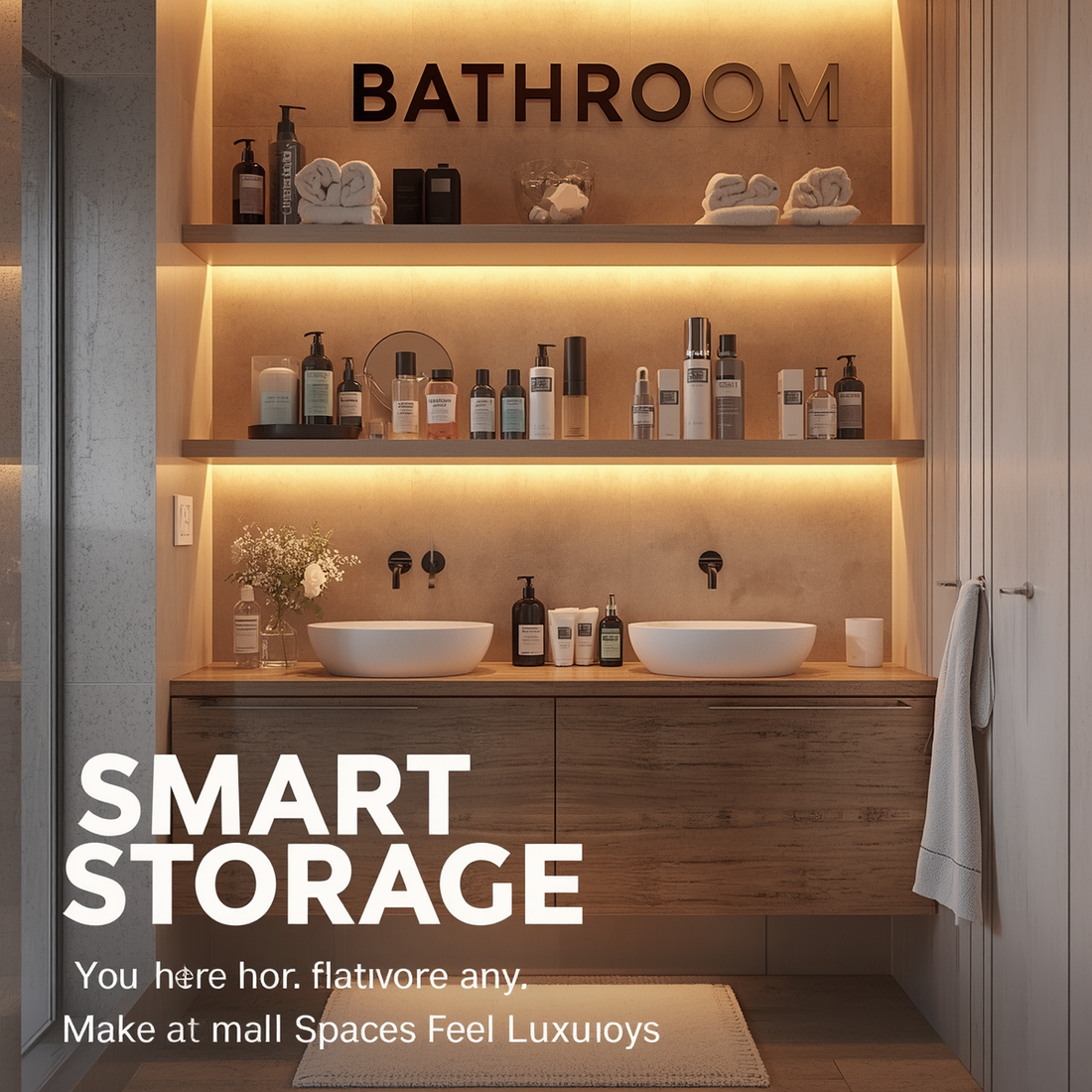 Modern bathroom with floating shelves organized storage and warm spa style lighting.