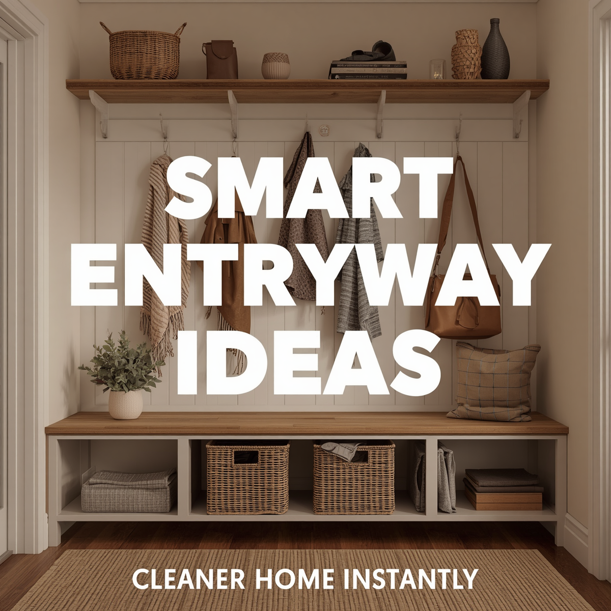 Modern organized entryway with storage bench wall hooks and warm home lighting.