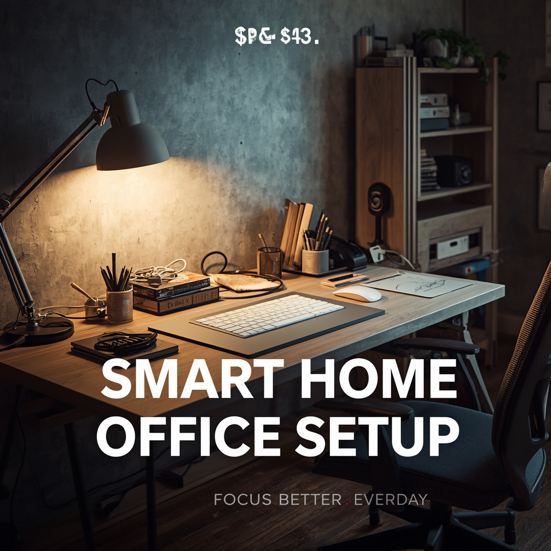 Modern home office setup with organized desk cables ergonomic chair and warm lighting.