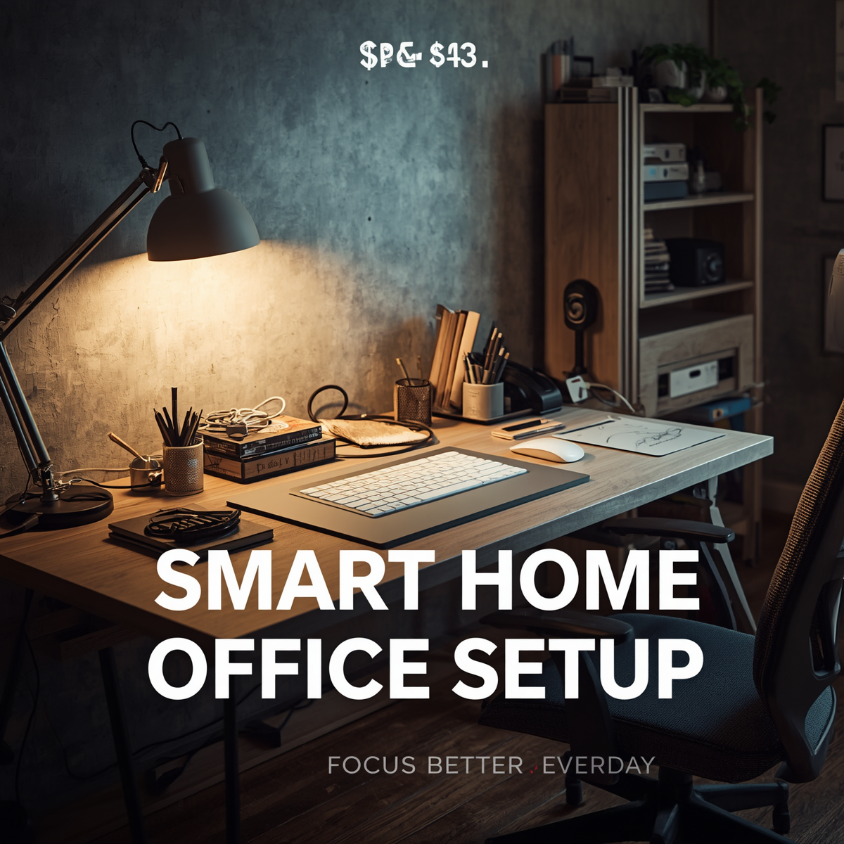 Modern home office setup with organized desk cables ergonomic chair and warm lighting.