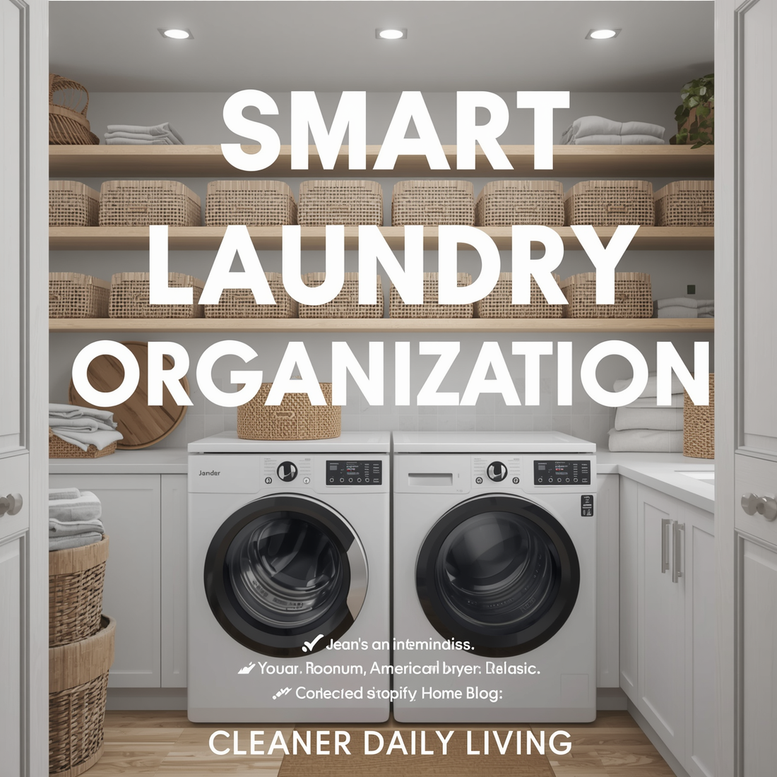 Modern organized laundry room with storage shelves baskets and clean utility setup.