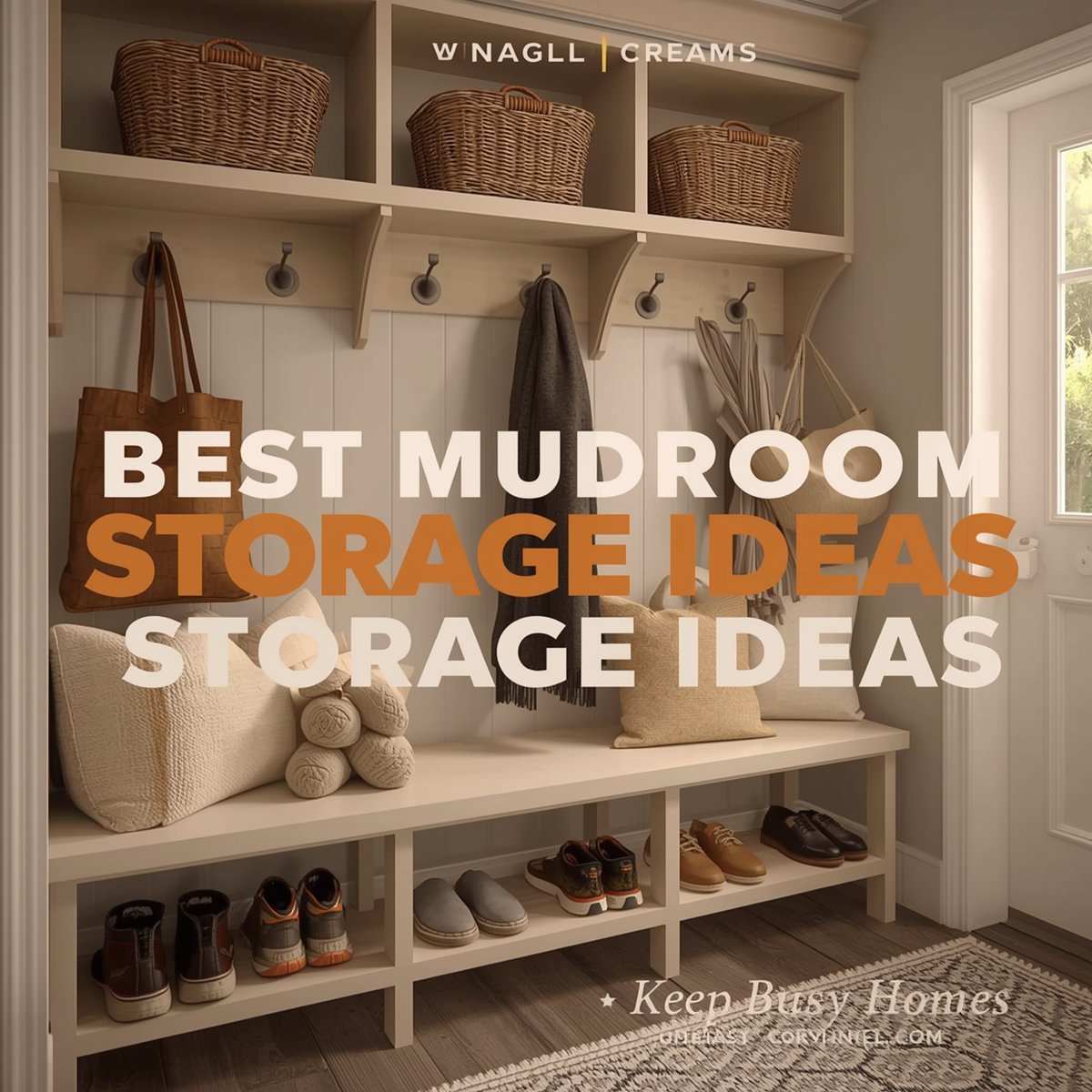 Modern organized mudroom with storage bench wall hooks and woven storage baskets.
