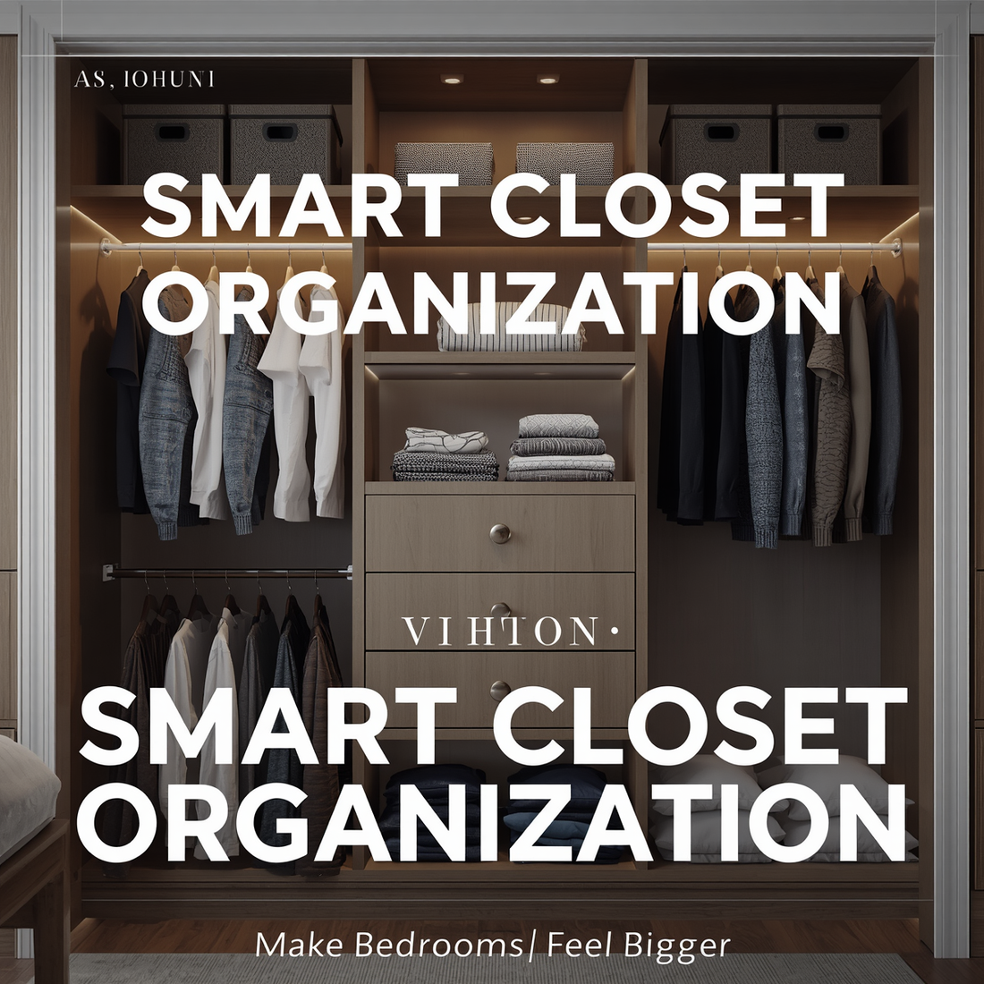 Modern organized closet with matching storage bins slim hangers and warm lighting.