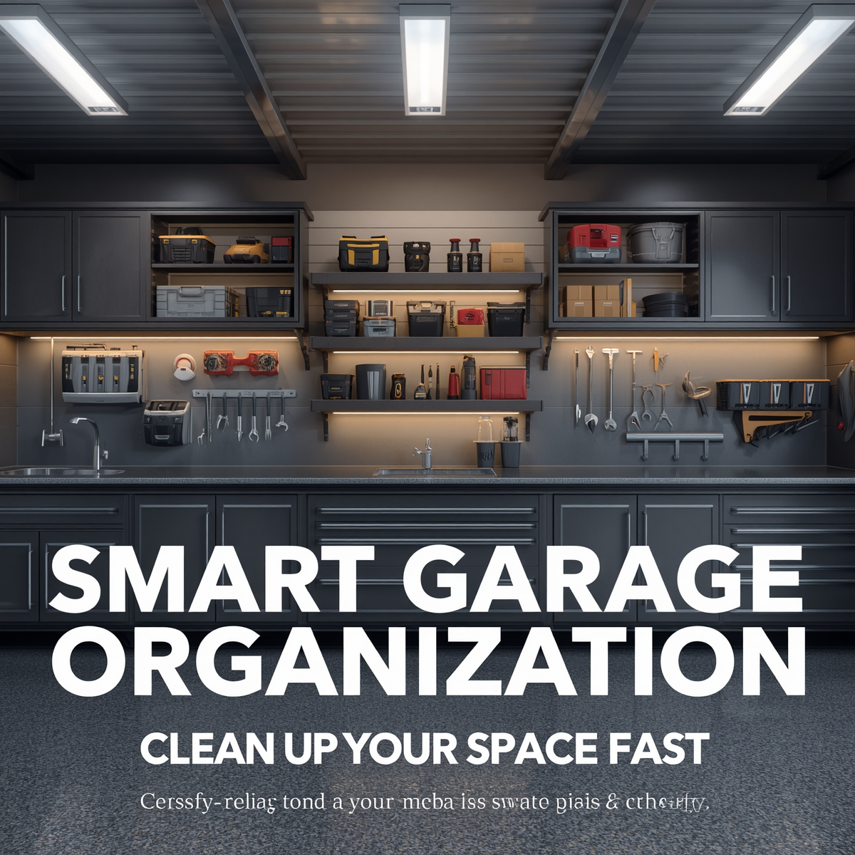 Modern organized garage with wall storage compact shelving and bright LED lighting.