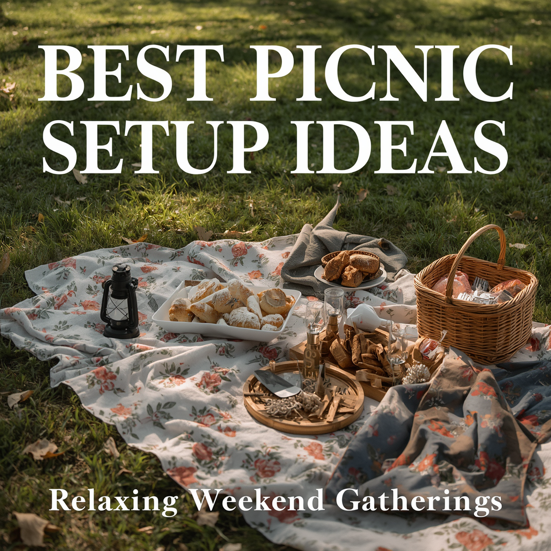Outdoor picnic setup with cozy blankets lantern lighting and picnic accessories in a grassy park.
