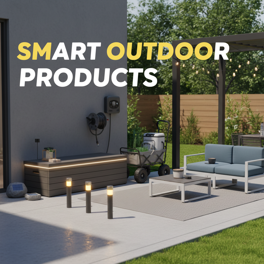 smart outdoor products including storage bench solar lights and patio organization accessories for modern backyard living