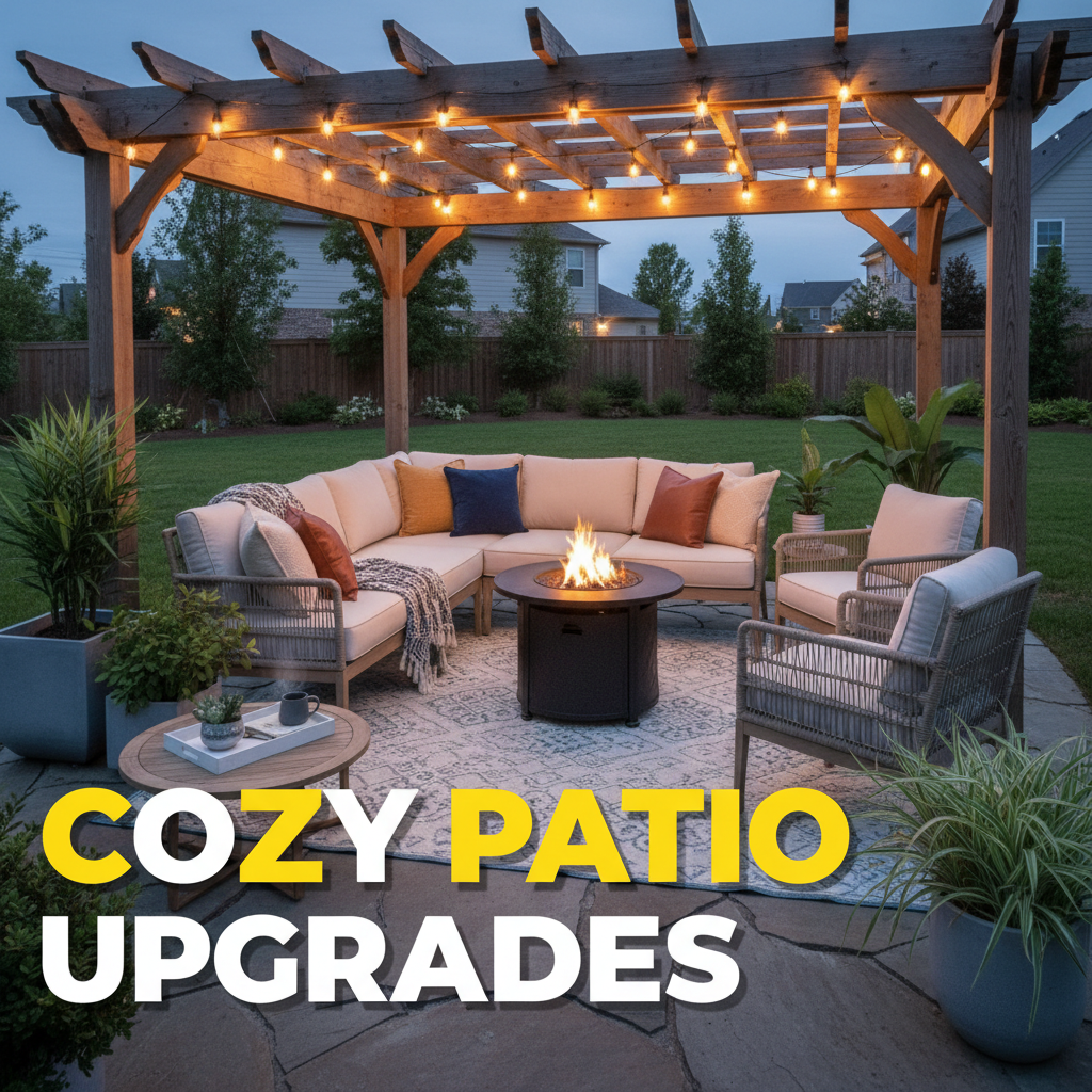 cozy backyard patio with warm lighting outdoor rug comfortable seating and modern outdoor decor setup