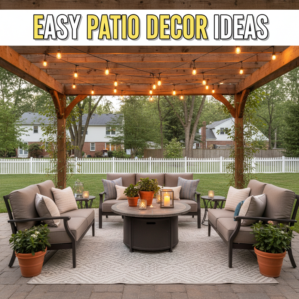 cozy outdoor patio with warm lighting comfortable seating and neutral modern outdoor decor