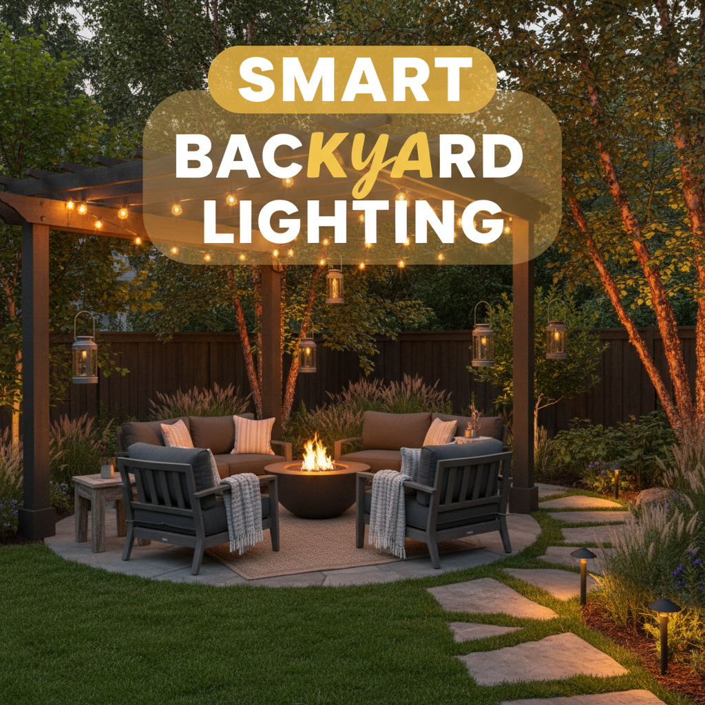smart backyard lighting setup with warm string lights solar lanterns and cozy outdoor seating for modern outdoor living