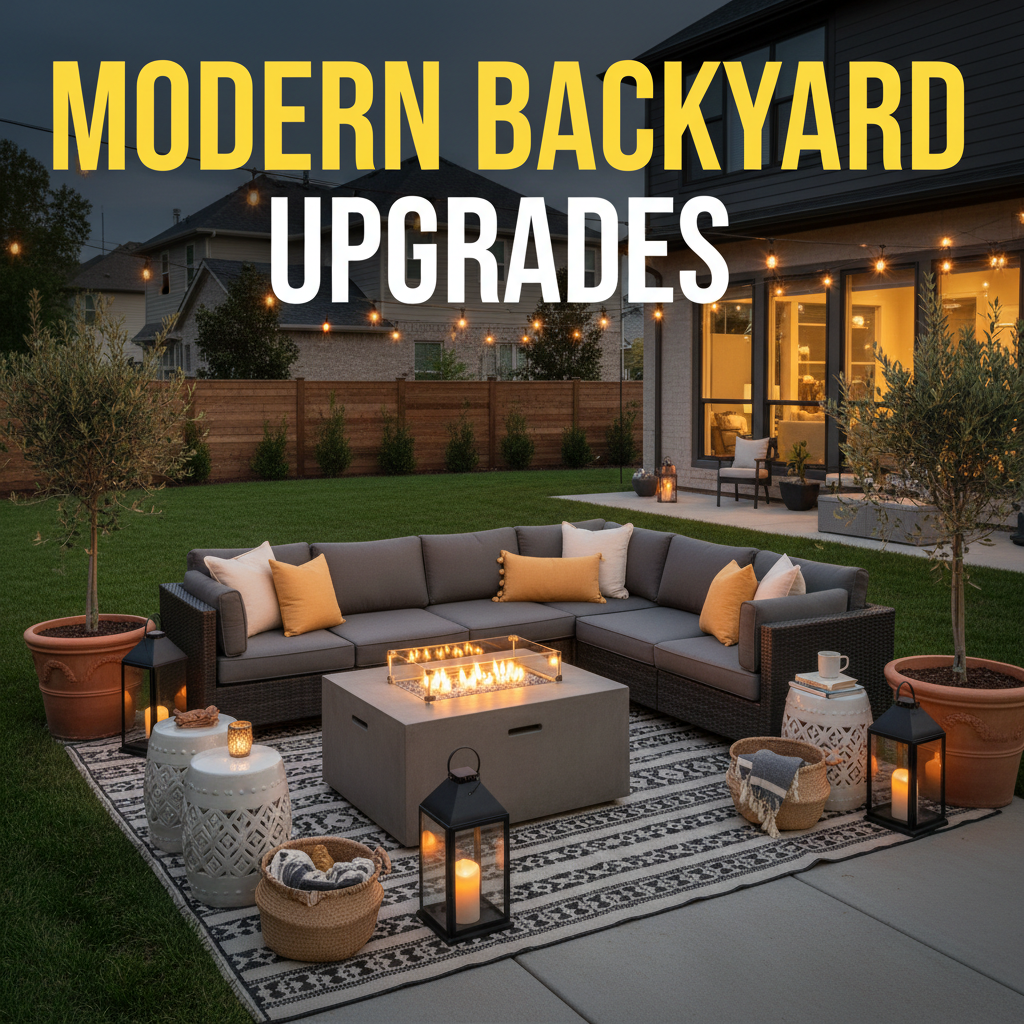 modern backyard patio with cozy lighting stylish outdoor accessories and comfortable seating area