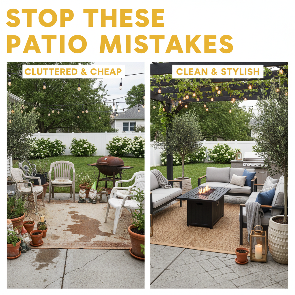 modern patio comparison showing cluttered outdoor decor versus clean organized stylish backyard setup