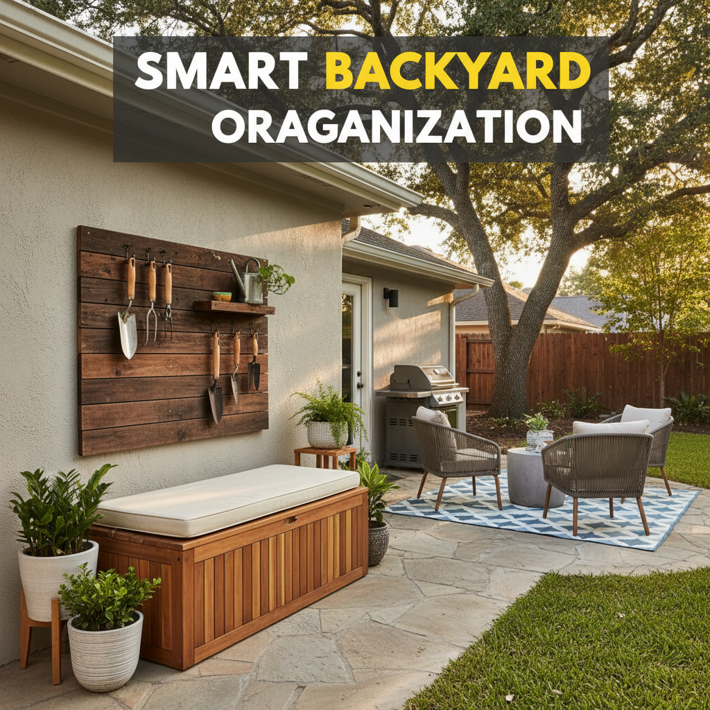 organized backyard patio with outdoor storage bench wall mounted tools and compact space saving furniture for modern outdoor living
