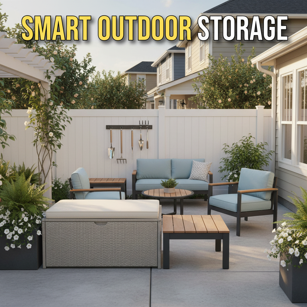 organized backyard with outdoor storage bench deck box and wall mounted garden tools in a modern patio setup