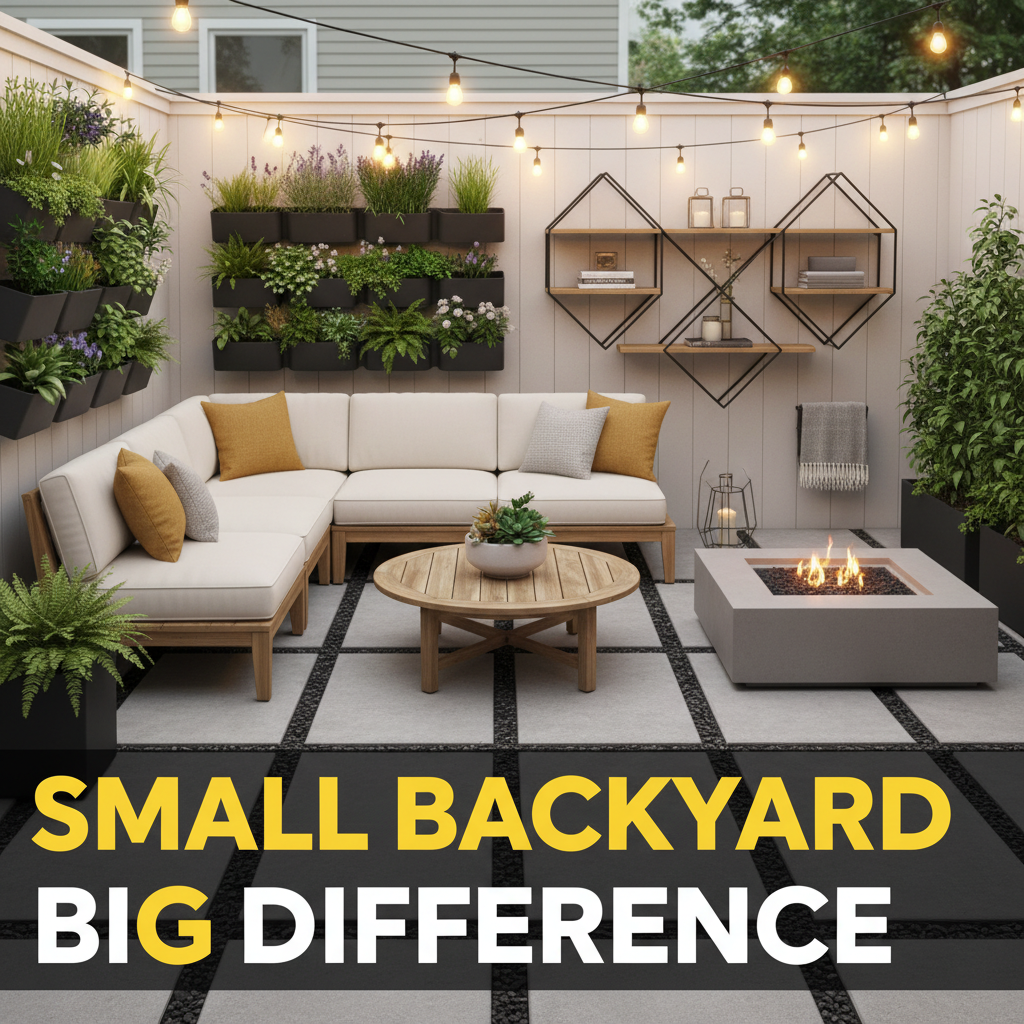small backyard makeover with compact patio furniture warm lighting and clean modern outdoor layout
