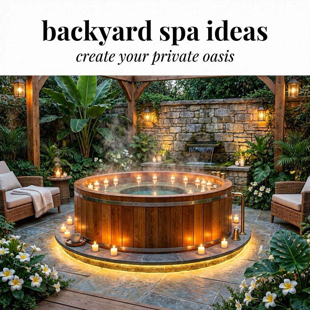 Luxury backyard spa retreat with hot tub tropical plants and relaxing evening atmosphere.