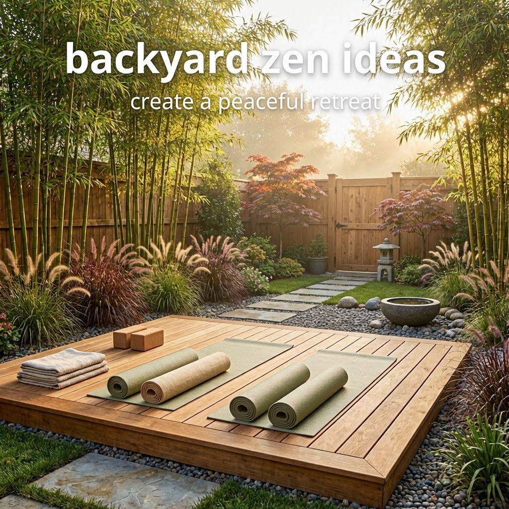 Backyard zen garden with yoga deck bamboo plants and peaceful sunrise atmosphere.