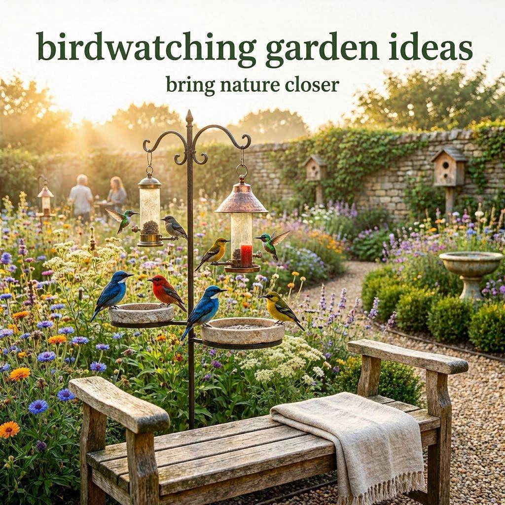 Backyard birdwatching garden with colorful birds wildflowers and peaceful sunrise setting.