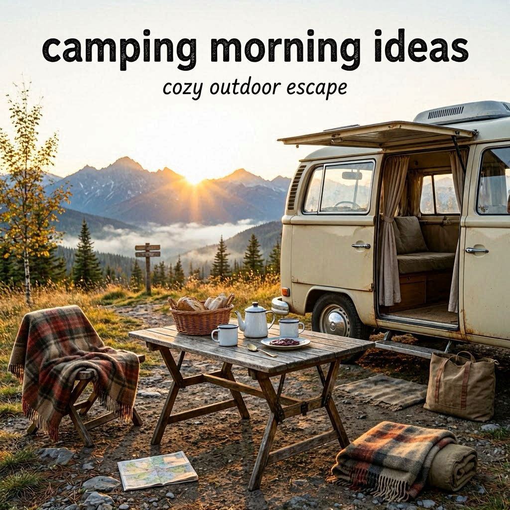 Rustic camping breakfast setup beside vintage camper van with mountain sunrise atmosphere.