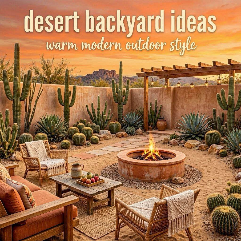 Desert-style backyard with cactus garden terracotta fire pit and warm sunset atmosphere.
