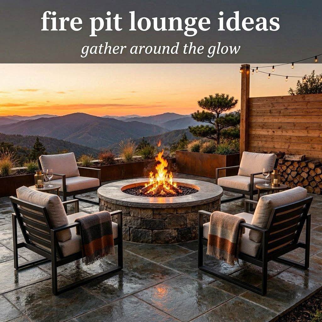 Luxury fire pit lounge with mountain sunset views cozy seating and warm outdoor atmosphere.