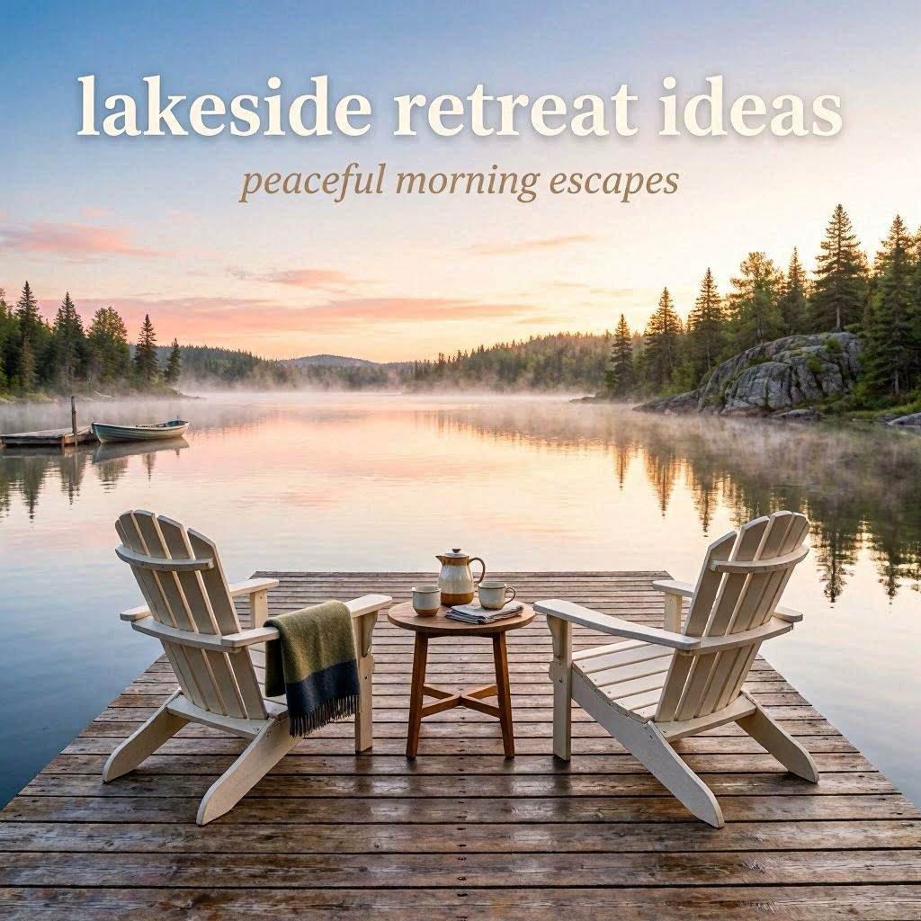 Lakeside dock with Adirondack chairs morning mist and peaceful sunrise atmosphere.
